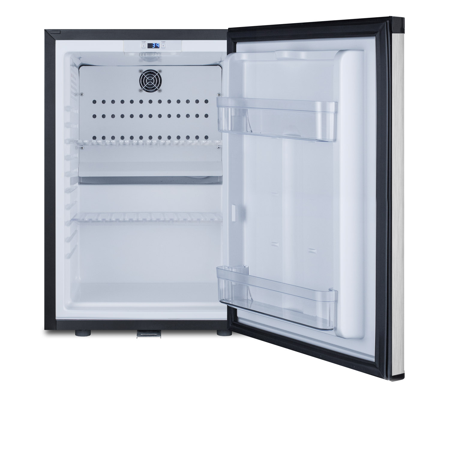 Compact minibar with reversible stainless steel door, front lock, and black cabinet
